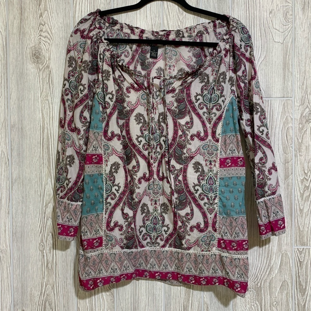 Lucky Brand Boho Peasant Blouse Top Cotton Tie at Chest Size Small